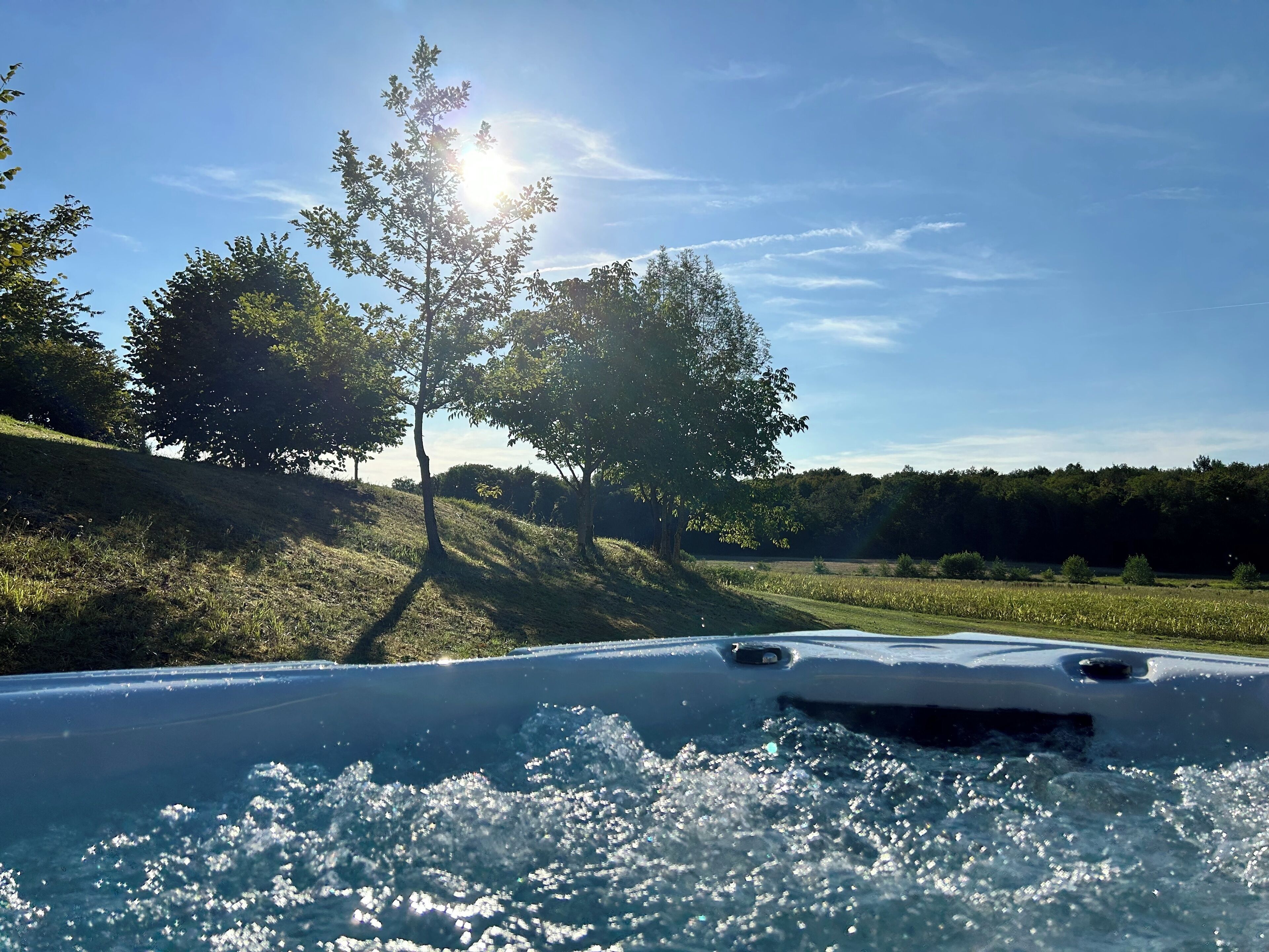 Een hottub omgeven door een grasrijk landschap met bomen en een heldere lucht.