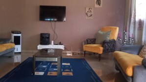 Un salon avec deux canapés, une table basse, un téléviseur et un haut-parleur.