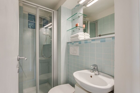 Shower, hair dryer, bidet, towels