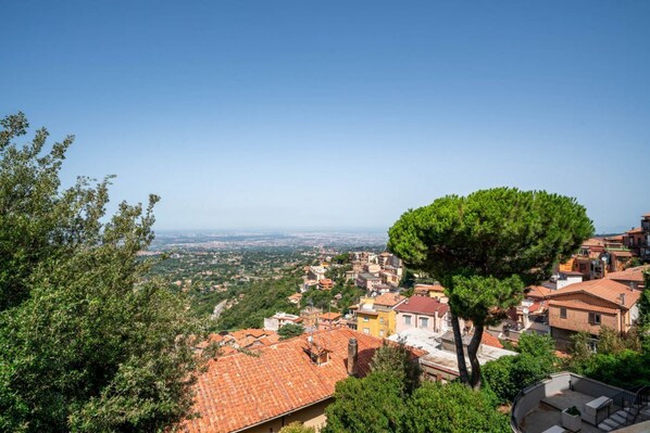 A hillside town with terracotta-roofed buildings, a prominent tree, and a clear view of the valley below.