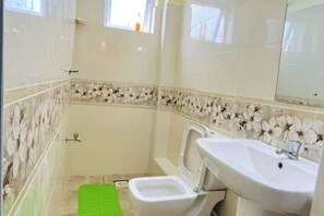 Shower, towels, soap, toilet paper