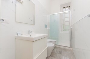 Shower, hair dryer, bidet, towels