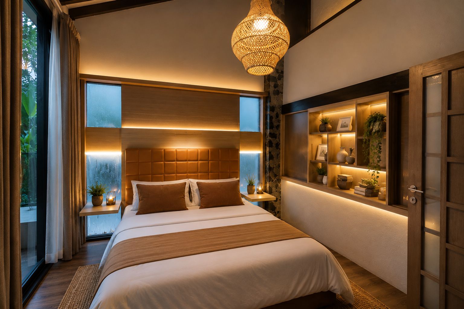 Une chambre moderne avec un grand lit, des tables de chevet, un luminaire suspendu et une étagère intégrée agrémentée d’objets décoratifs.