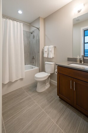Shower, hair dryer, towels, toilet paper