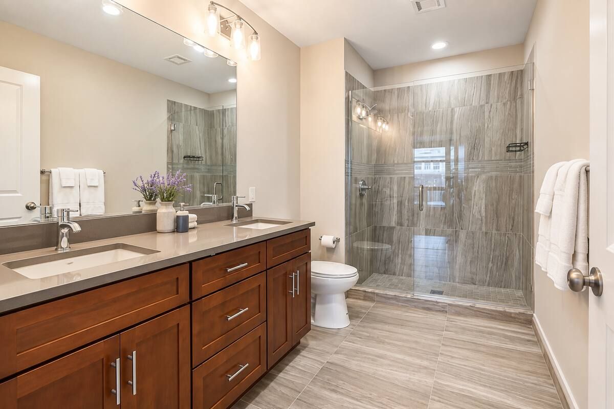 A modern bathroom with a double sink vanity, a toilet, and a glass-enclosed shower area.