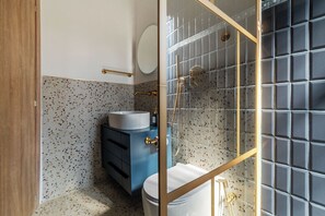 Shower, hair dryer, bidet, towels