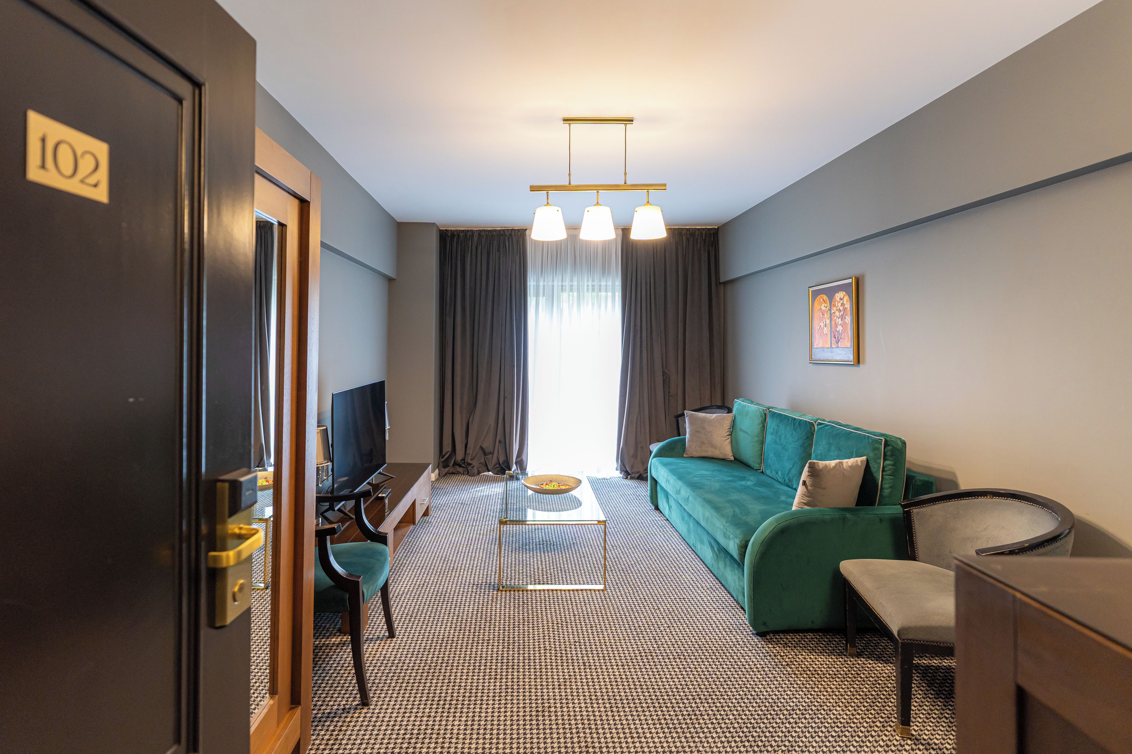 Ett hotellrum med en grön soffa, en tv, ett skrivbord med en stol och en mönstrad matta.