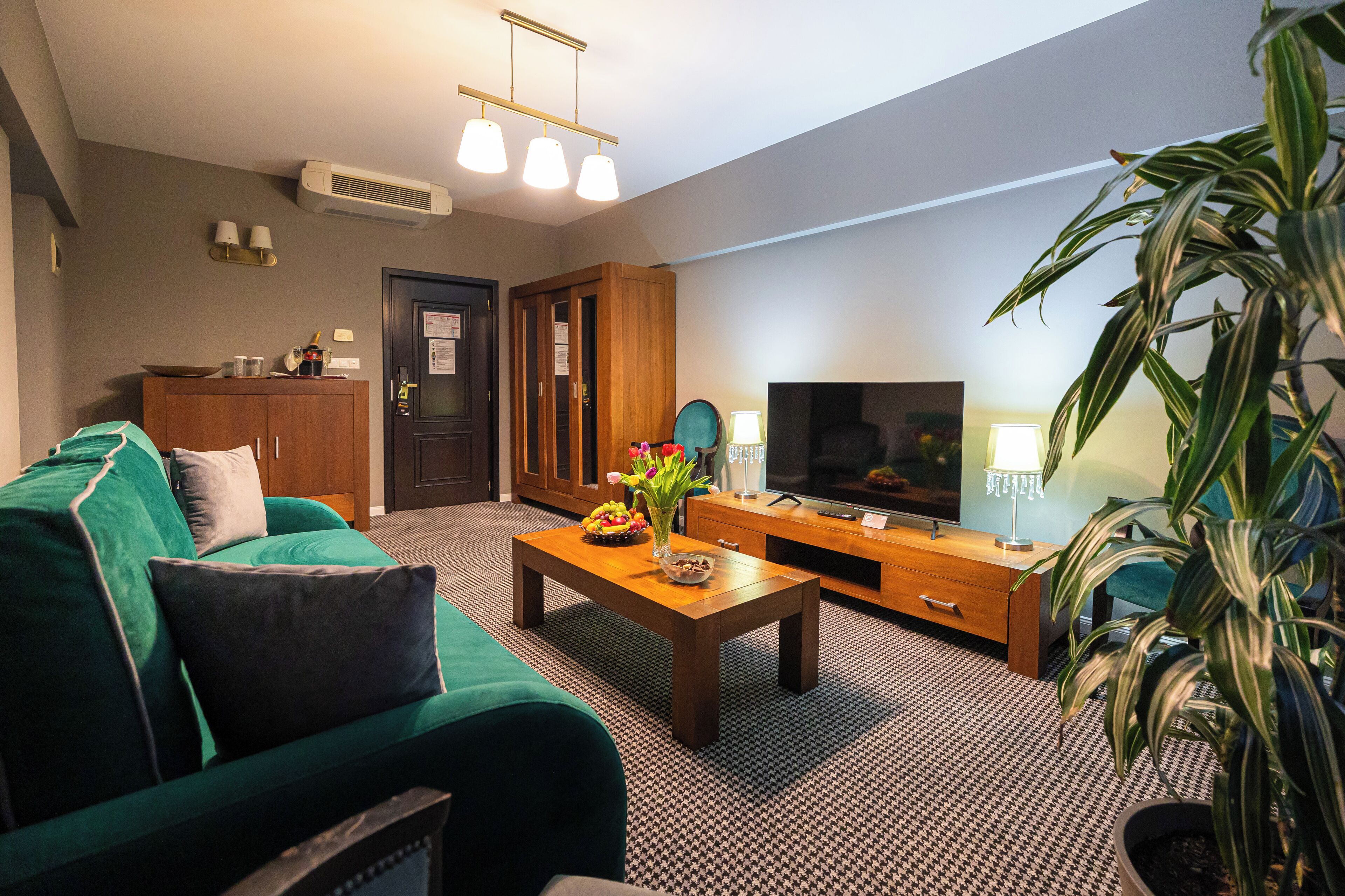A living room with a green sofa, wooden coffee table, and a TV. There is a plant, a lamp, and a cabinet.