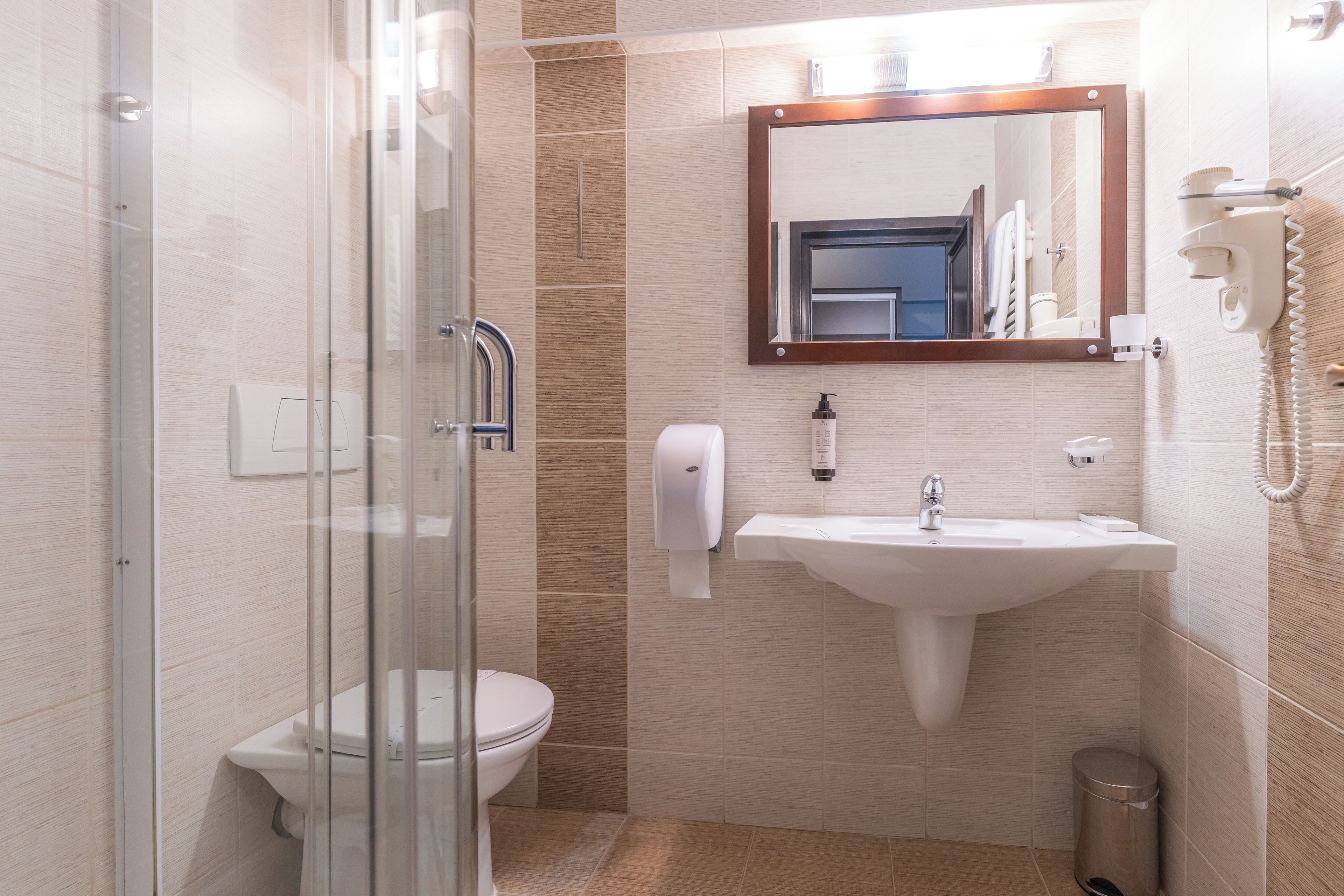 A modern bathroom with a glass shower enclosure, a toilet, a sink, and a mirror.