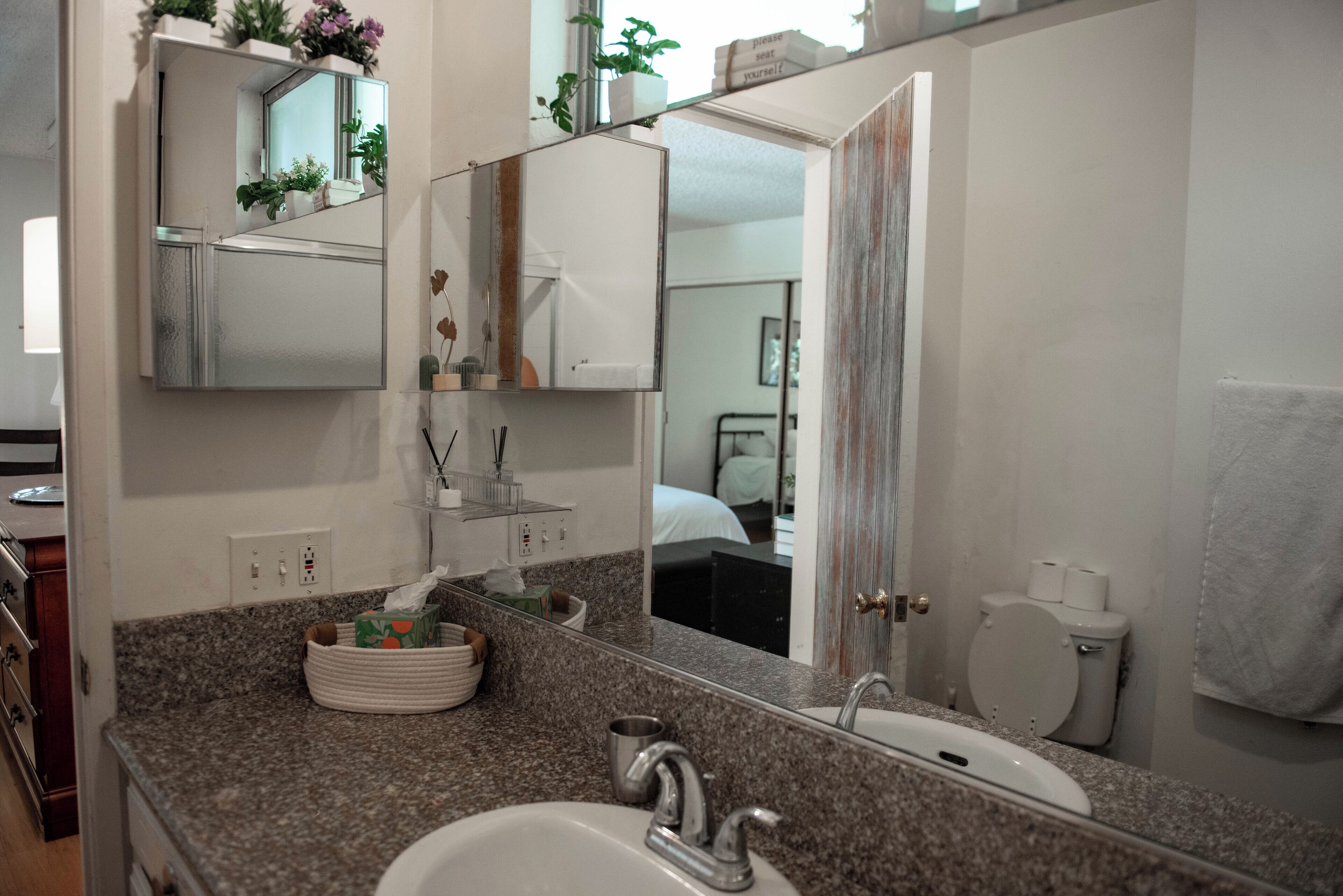 Un baño con encimera de granito, un lavamanos blanco, un espejo y un inodoro.