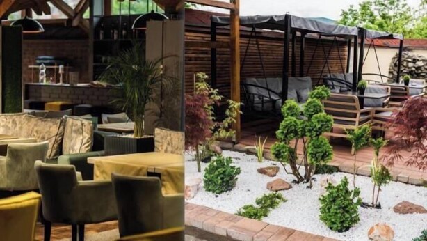 An indoor dining area with tables and chairs, and an outdoor patio with seating and plants.