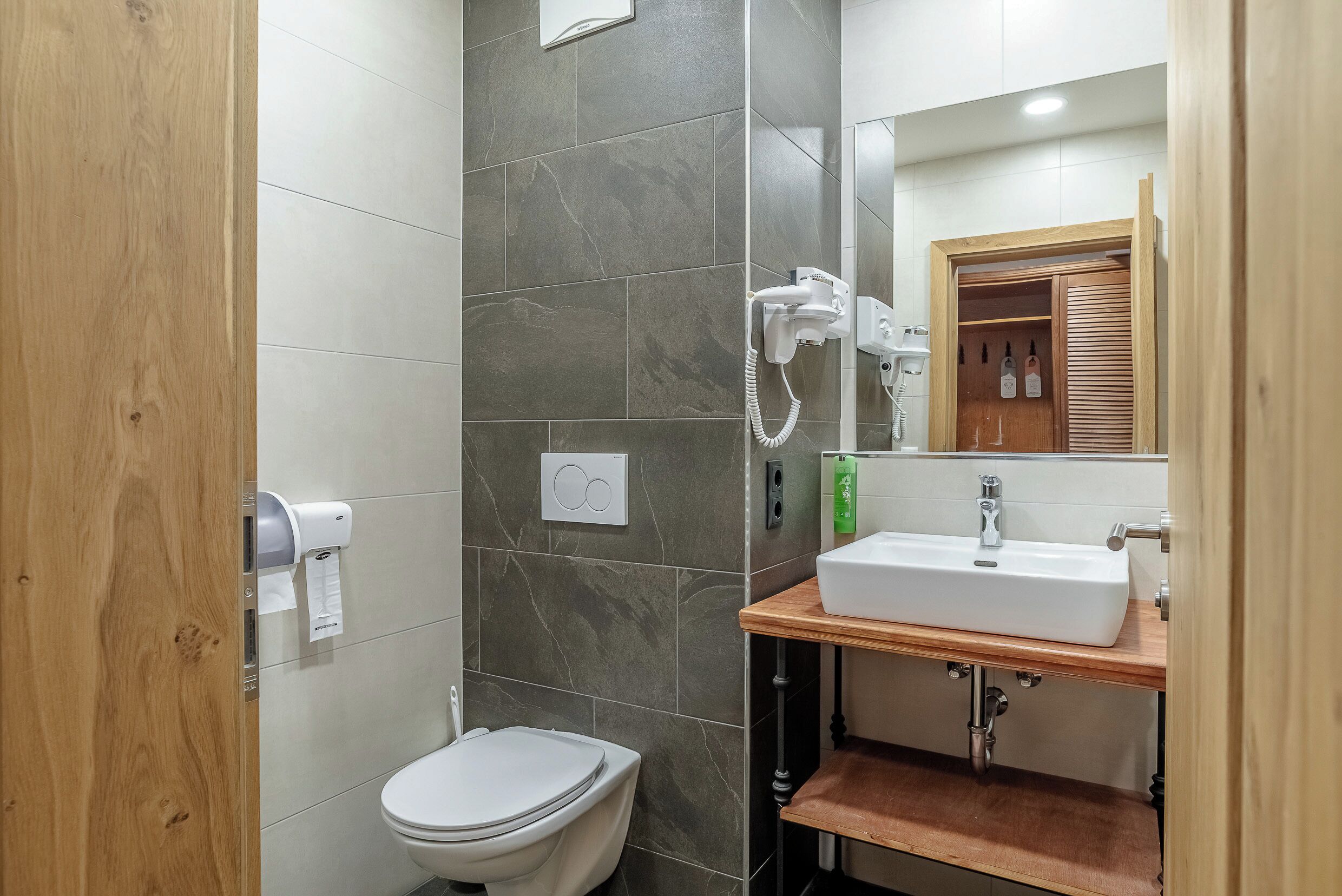 A bathroom with a toilet, a sink, a mirror, and a shower area.