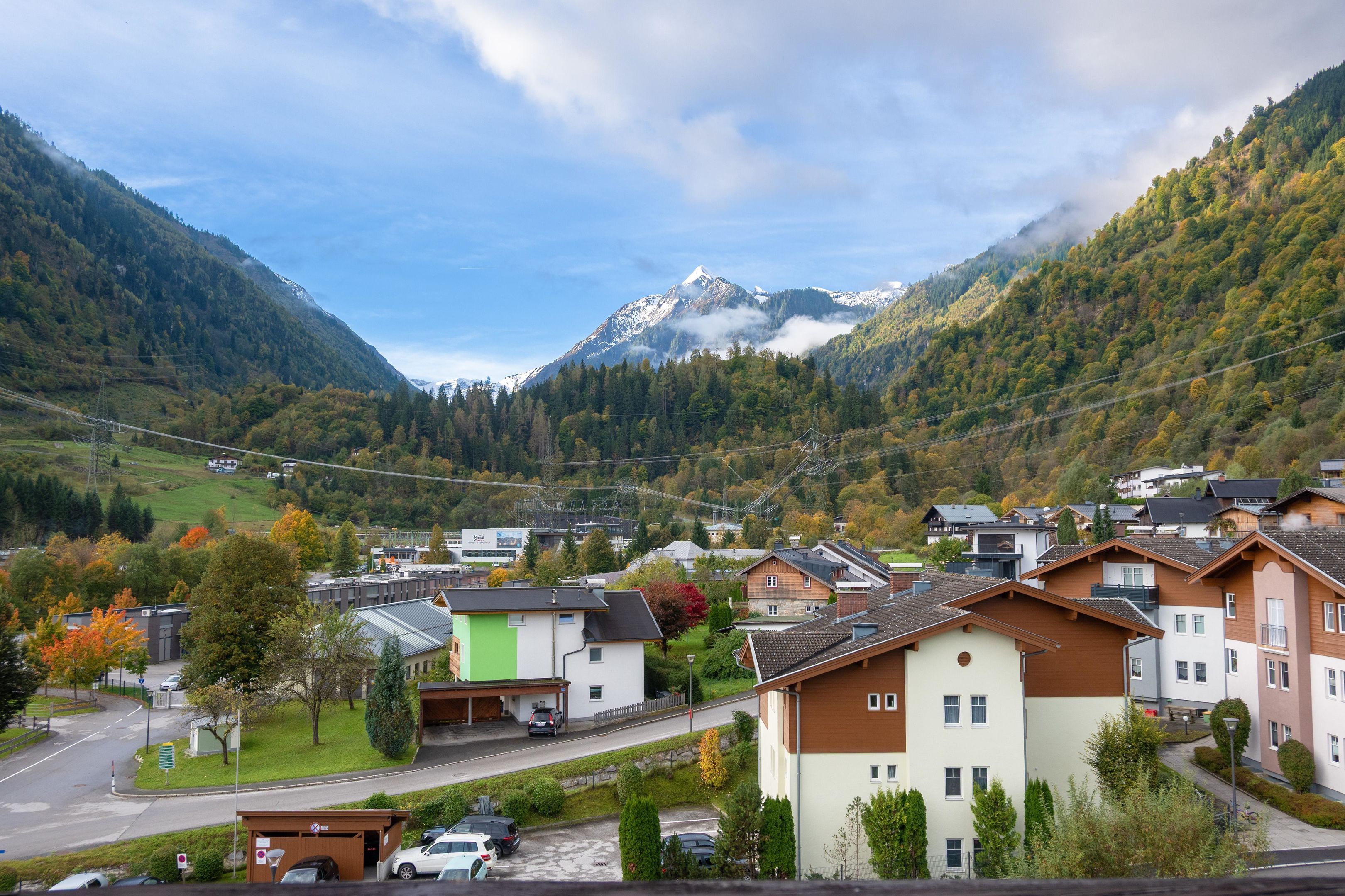 A residential area with houses, a road, and a mountain in the background.