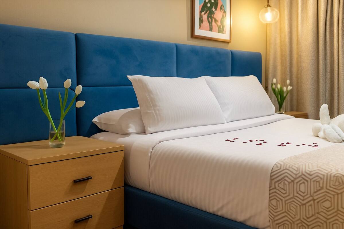 A hotel room with a blue headboard, a wooden nightstand with drawers, a glass vase with flowers, a bed with white bedding, and a patterned throw blanket.