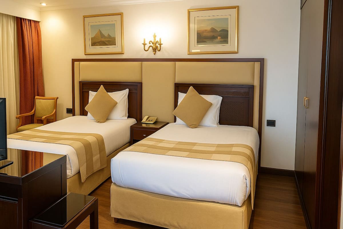 A hotel room with two beds, a desk with a chair, a TV, and artwork on the walls.