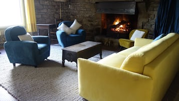 Fireplace, books