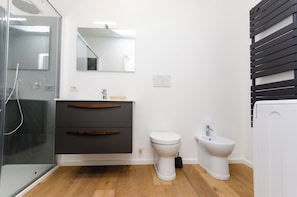 Shower, bidet, towels, soap