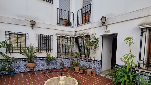 Une cour intérieure avec une fontaine centrale, entourée de plantes en pot et dotée d’un sol carrelé.
