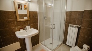 Une salle de bain avec une douche à parois de verre, un lavabo sur colonne, des toilettes et un radiateur.