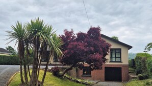 Een huis met een grindpad, een garage en een kleine tuin met palmbomen en een boom met paarse bladeren.