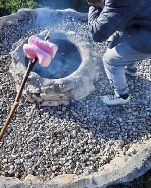 Iemand roost marshmallows boven een kampvuur in een rotsachtig landschap.