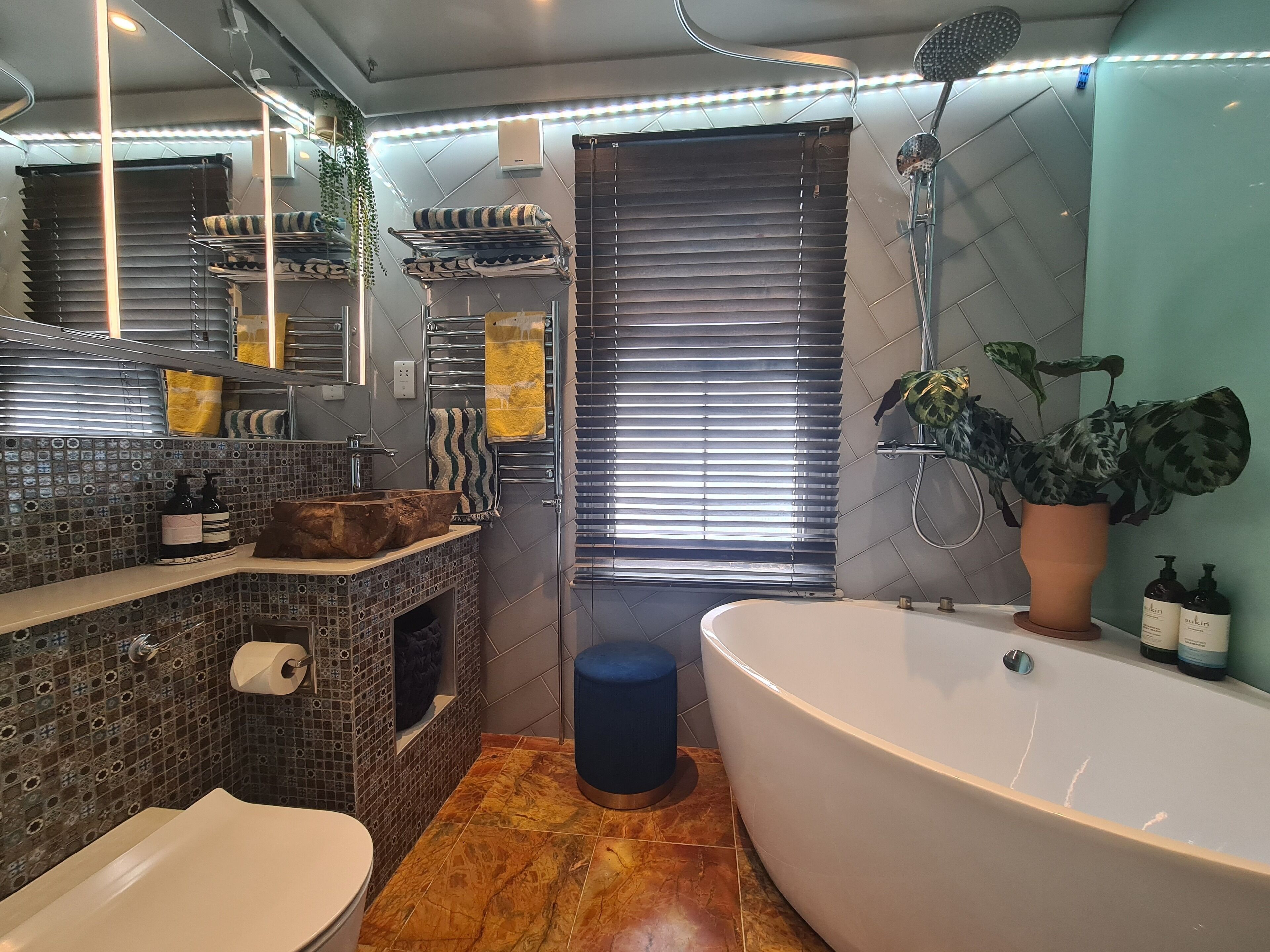 Hair dryer, towels, soap, toilet paper