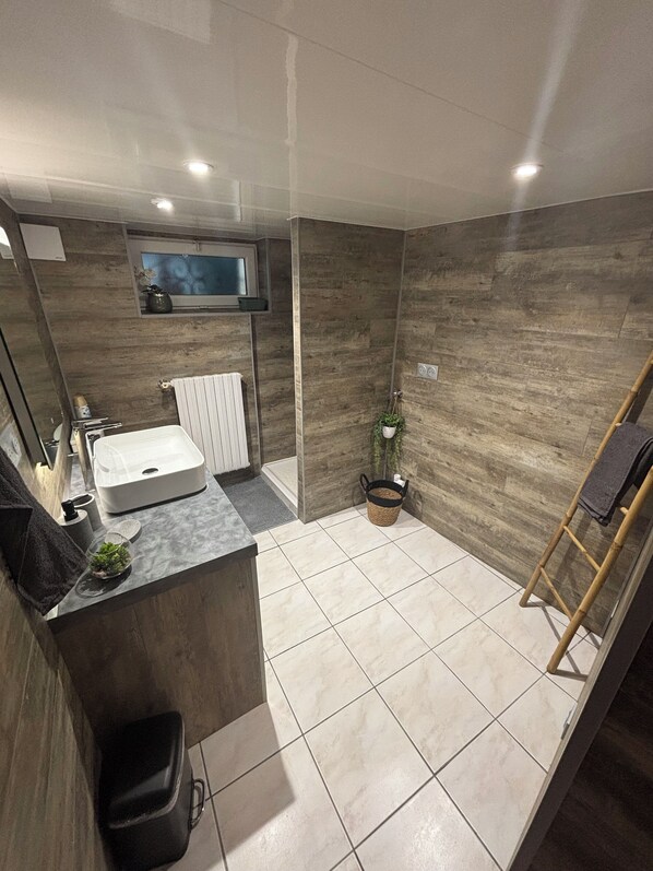 Shower, hair dryer, soap, shampoo