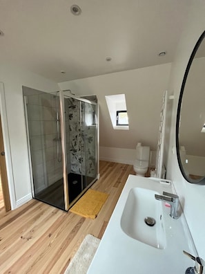 Douche, séchoir à cheveux, bidet, papier de toilette