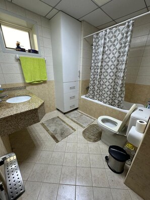Un baño con lavamanos, inodoro, ducha y un armario.