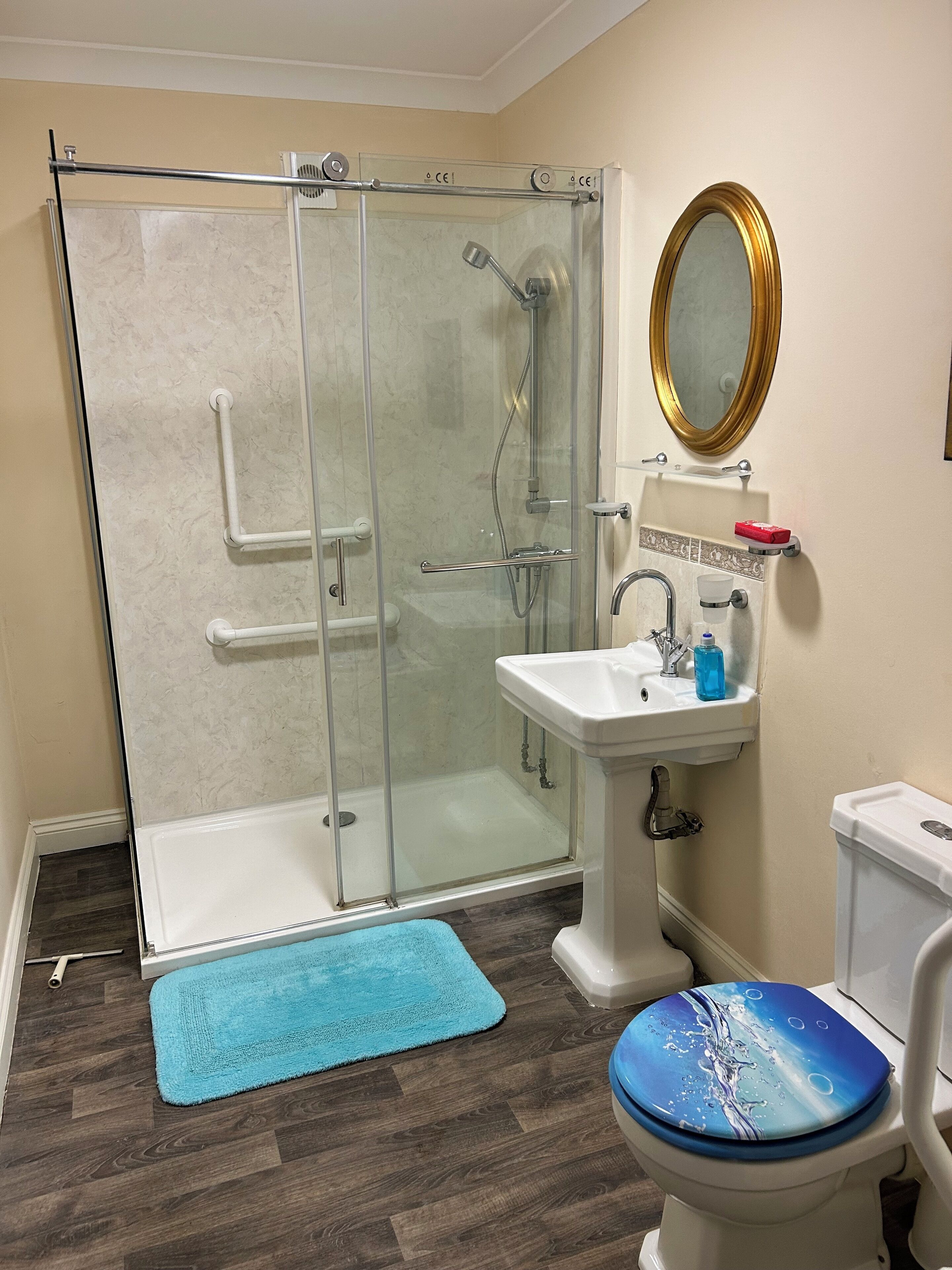 Shower, hair dryer, towels, toilet paper