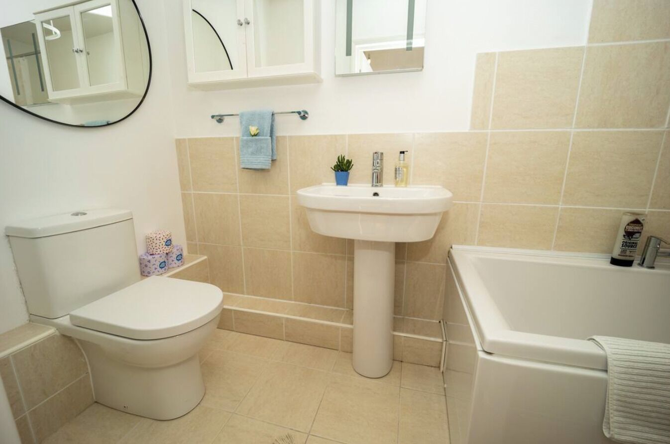 Hair dryer, towels, soap, toilet paper