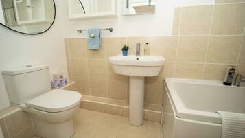 Hair dryer, towels, soap, toilet paper