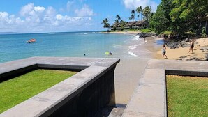 A beachside walkway with steps leading to the shore, surrounded by grass and a clear view of the ocean. - Oceanfront Paradise Awaits at Kahana Reef 215 (Lahaina)