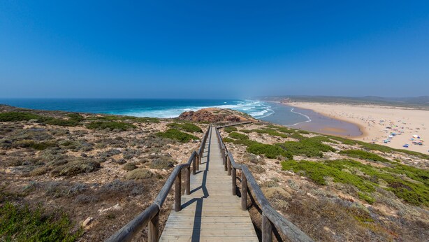 Une promenade en bois qui mène à une plage offrant une vue dégagée sur l’océan et une rive sablonneuse.