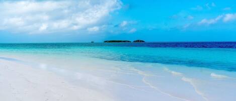 On the beach, sun-loungers, beach towels