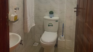 Ein Badezimmer mit Toilette, Waschbecken und Dusche.