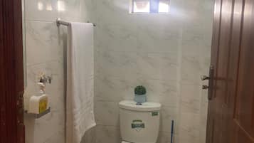 Shower, eco-friendly toiletries, towels, soap