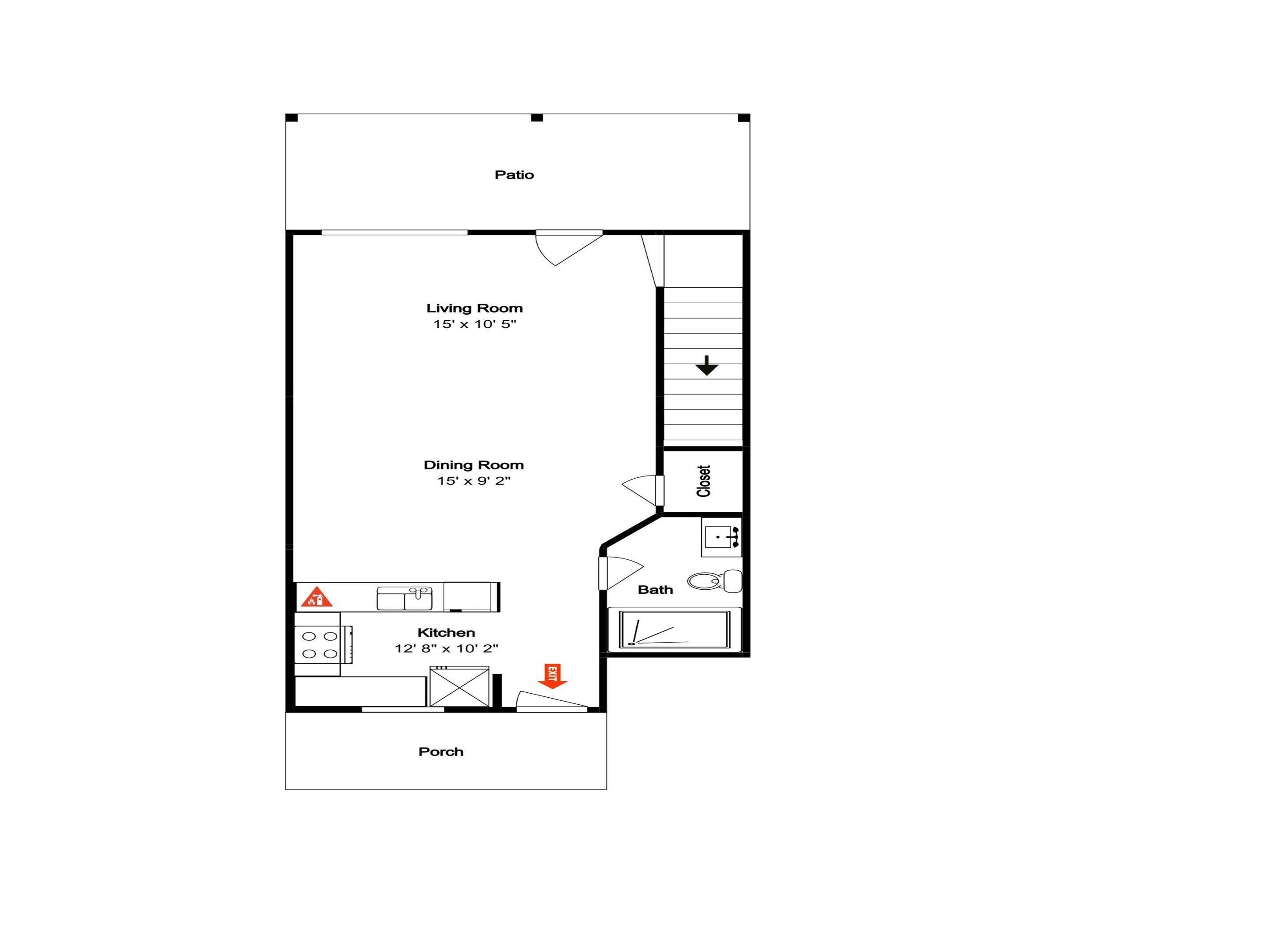 A floor plan with a patio, living room, dining room, kitchen, bathroom, and closet.