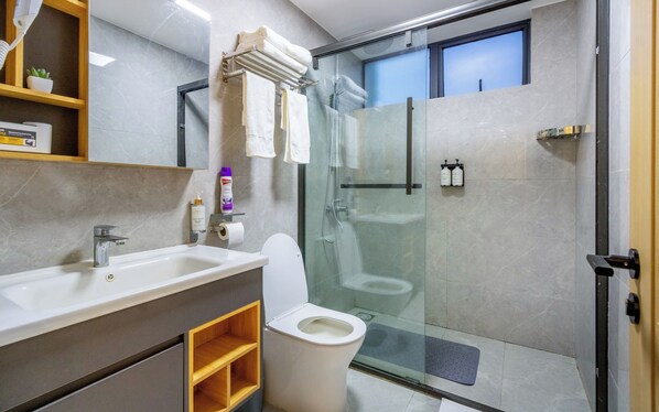 Douche, séchoir à cheveux, bidet, serviettes fournies