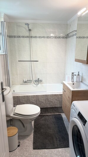 Hair dryer, towels, soap, toilet paper