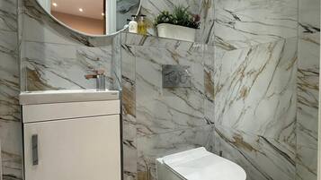 Business suite, en-suite badkamer, uitzicht op de stad (2) | Badkamer | Een douche, gratis toiletartikelen, een haardroger, handdoeken