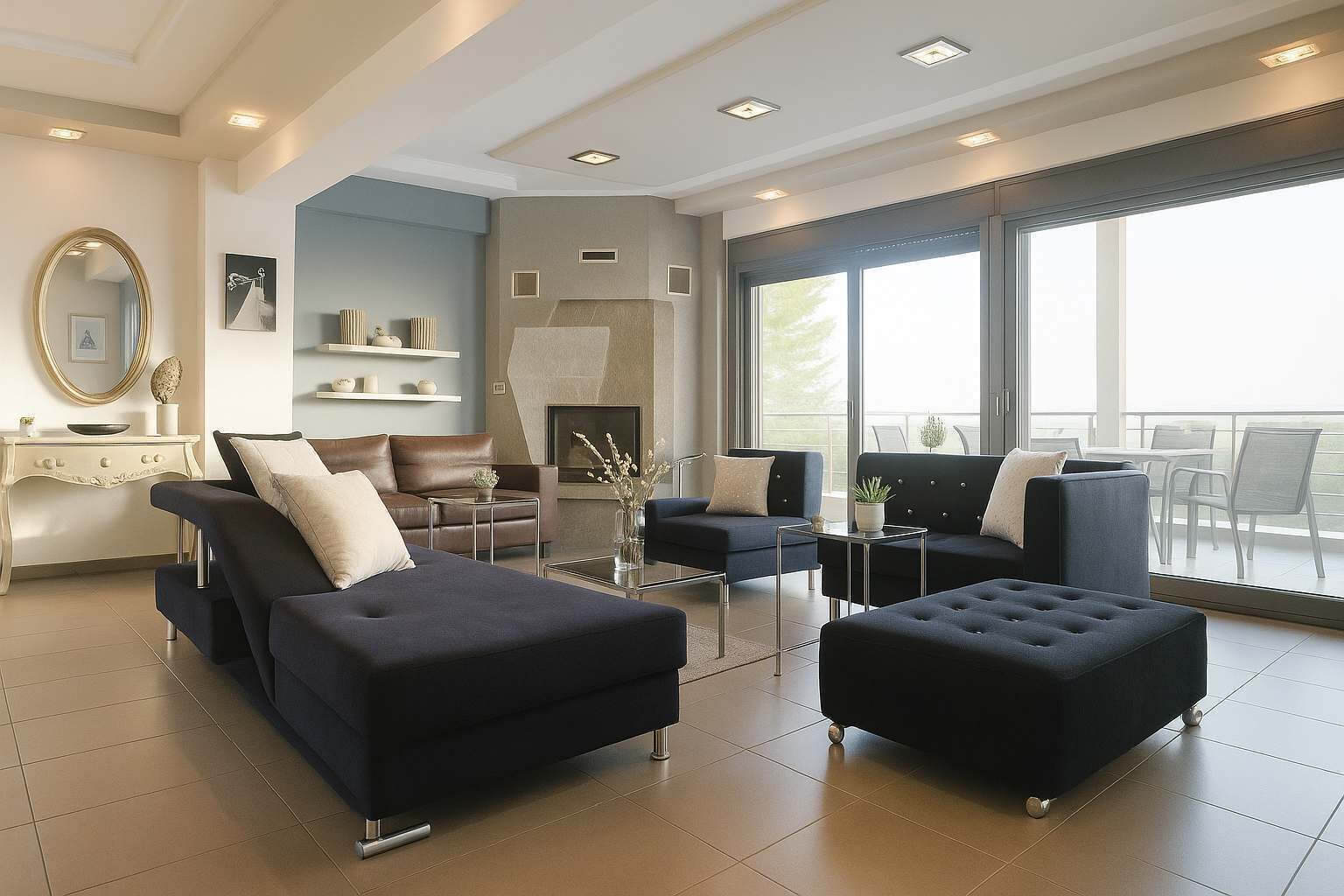 Spacious Living Area with Comfortable Sofas, Large Windows, and Abundant Natural Light