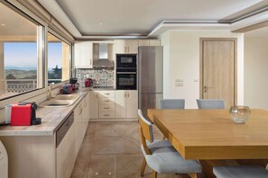 Une cuisine moderne dotée d’un grand îlot central, d’appareils électroménagers en acier inoxydable et offrant une vue sur l’extérieur.