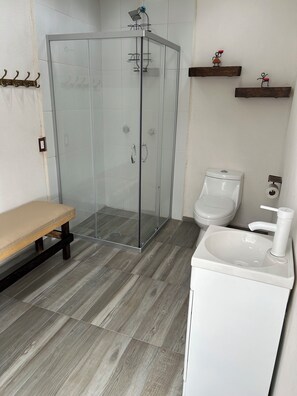 Jetted bath, towels, soap, toilet paper