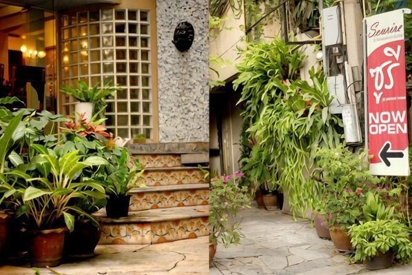 A narrow stone pathway leading to a building entrance with steps, surrounded by potted plants.