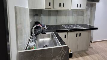 Kühlschrank, Herdplatte, Mixer, Kochgeschirr/Geschirr/Besteck