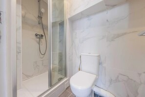 Shower, hair dryer, towels, toilet paper
