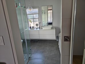 Hair dryer, towels, soap, toilet paper