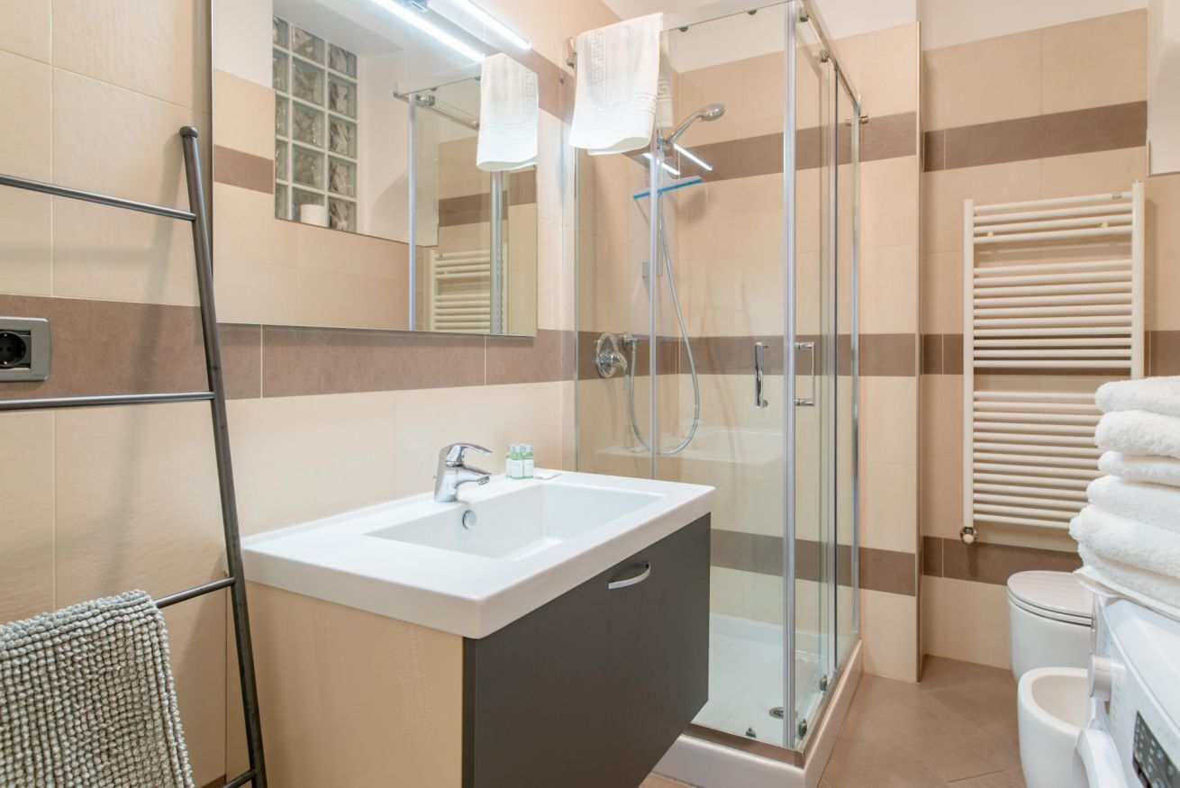 Shower, hair dryer, bidet, towels