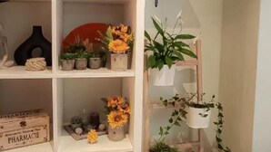 A shelf with various decorative items including vases, potted plants, and a box labeled 'PHARMACIE'.